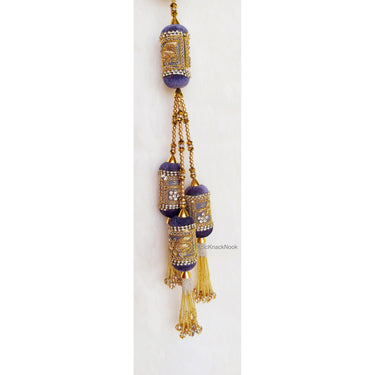 Velvet Fabric Bolster Tassels In Antique Gold Zardozi Embroidery, Rhinestones & Pearls, Indian Embellishment